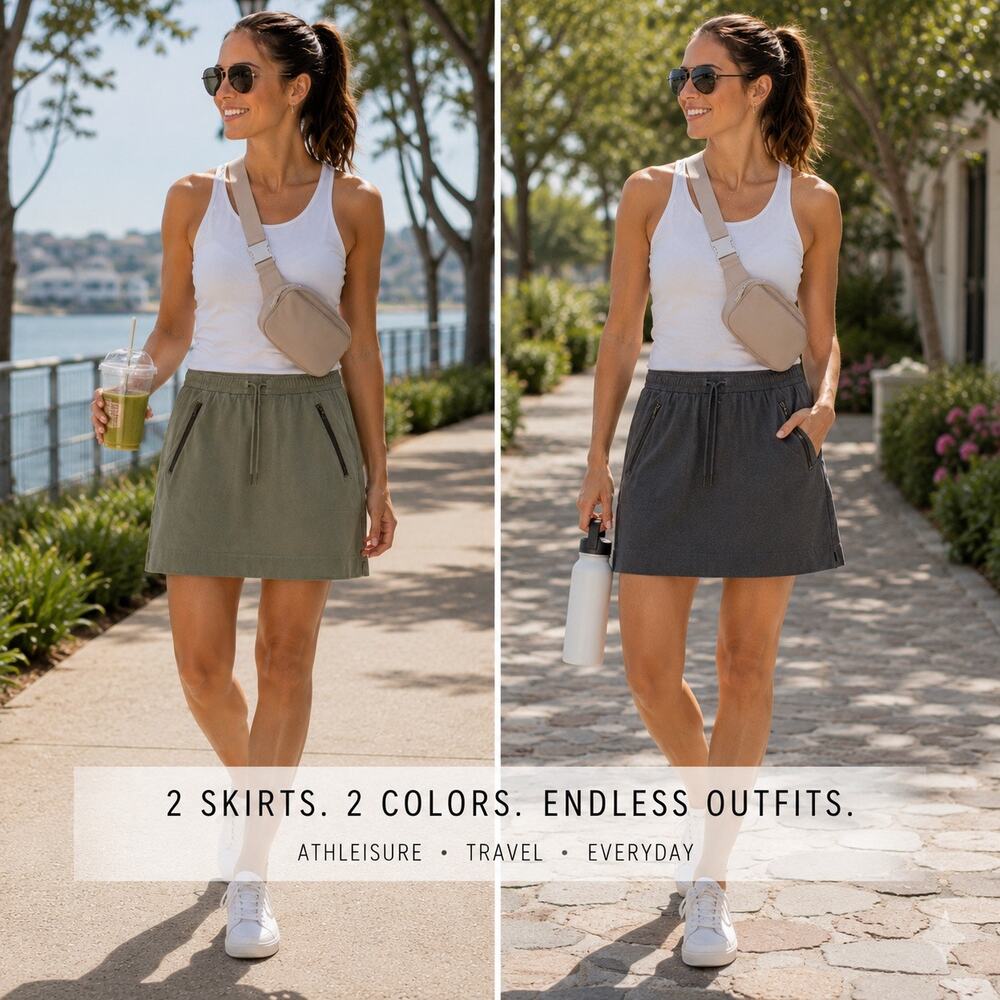 Athleta Bundle of 2 Athleisure Skirts Size 10 Gray & Olive Green Zip Pocket